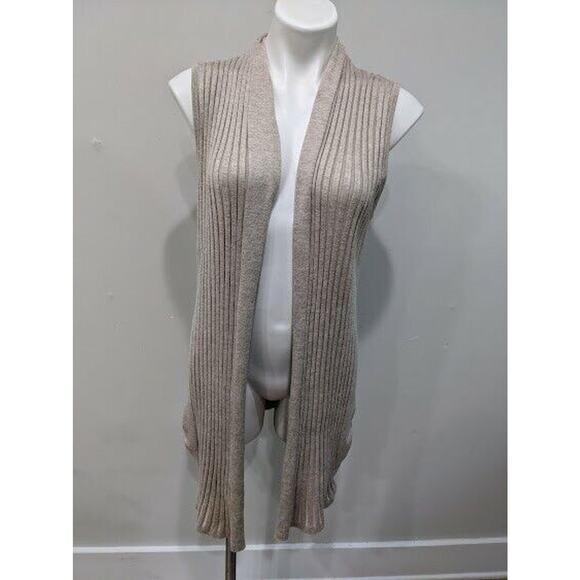 Vida Milano Size Large Sleeveless Cardigan Tan Cotton Blend Ribbed Crochet Boho - Picture 4 of 7